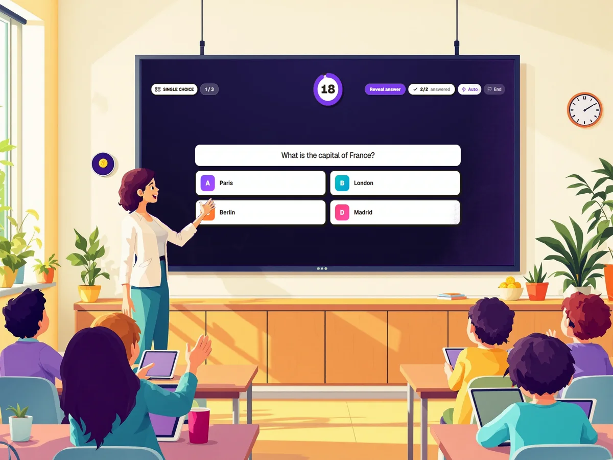 Illustration of a classroom: a teacher runs a quiz on the interactive whiteboard while children answer on tablets with hands raised