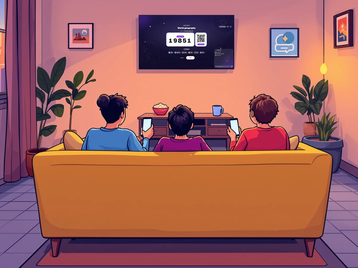 Illustration of friends on a sofa at game night, each holding a phone, with a quiz on the living-room TV