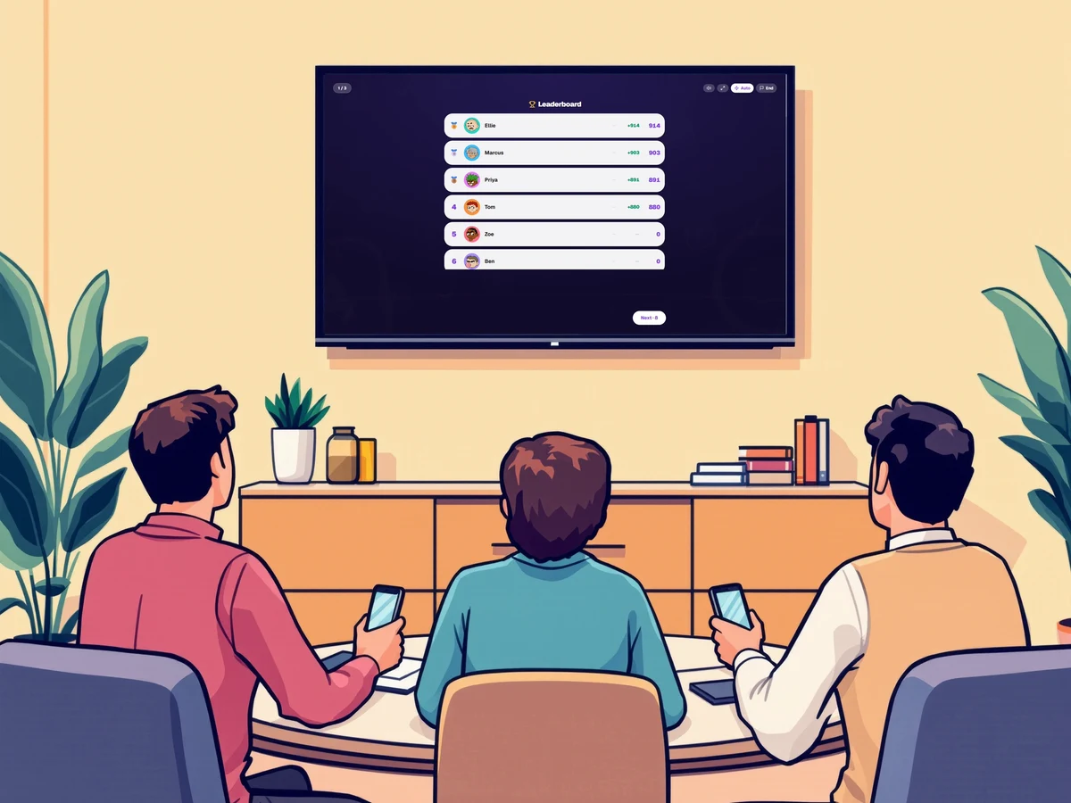 Illustration of colleagues in a meeting room cheering at the live quiz scoreboard on the wall screen